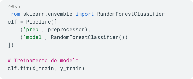 Captura de tela de código Python usando Scikit-Learn. O código cria um ColumnTransformer chamado 'preprocessor'. Ele aplica um pipeline para dados numéricos (imputação pela média e padronização) nas colunas 'Age' e 'Fare', e um pipeline para dados categóricos (imputação pelo mais frequente e codificação OneHot) nas colunas 'Sex' e 'Embarked'.